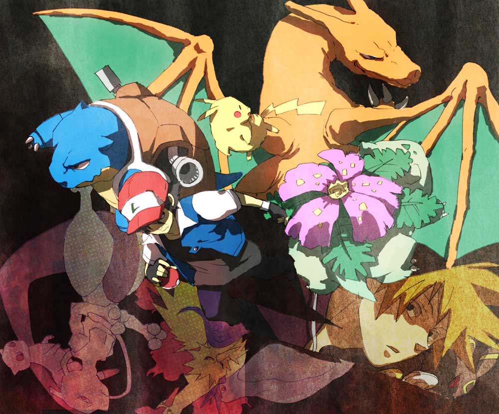 1990s_(style), 2boys, articuno, ash_ketchum, baseball_cap, black_hair, blastoise, blue_oak, brown_hair, charizard, child, dragon, fingerless_gloves, gary_oak, gen_1_pokemon, gen_2_pokemon, gesuidou_(hephaestus1214), gloves, hat, holding, holding_poke_ball, legendary_pokemon, male_focus, mew_(pokemon), mewtwo, moltres, multiple_boys, mythical_pokemon, nintendo, pikachu, poke_ball, pokemon, pokemon_(anime), pokemon_(classic_anime), pokemon_(creature), pokemon_red/green/blue/yellow, retro_artstyle, shita_no_naka, starter_pokemon_trio, umbreon, venusaur, zapdos