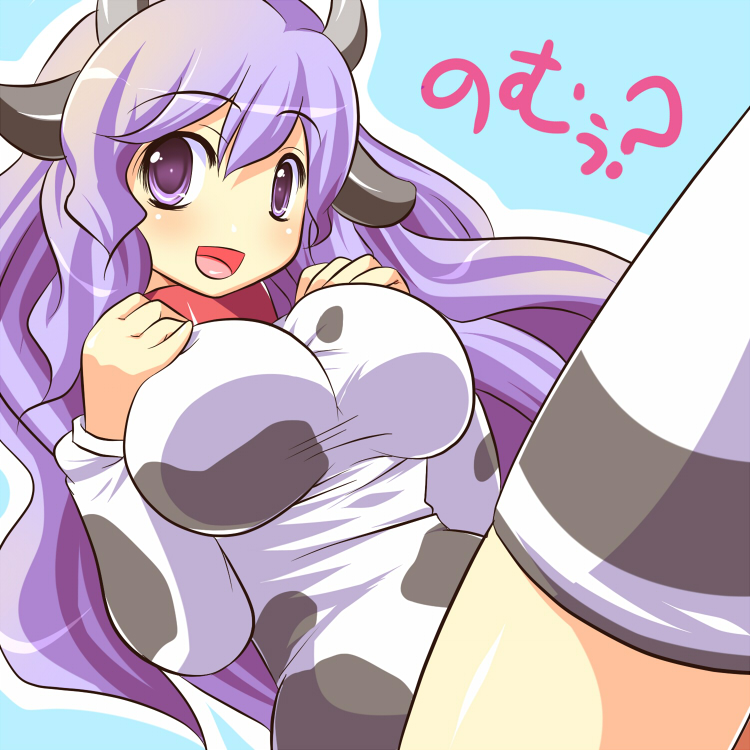 1girl, animal_ears, animal_print, bad_id, bad_pixiv_id, breasts, collar, cow_ears