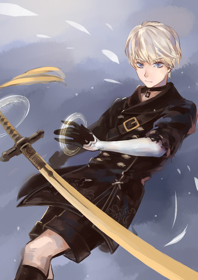 1boy, belt, blonde_hair, blue_eyes, collar, katana, male_focus, nier_(series)