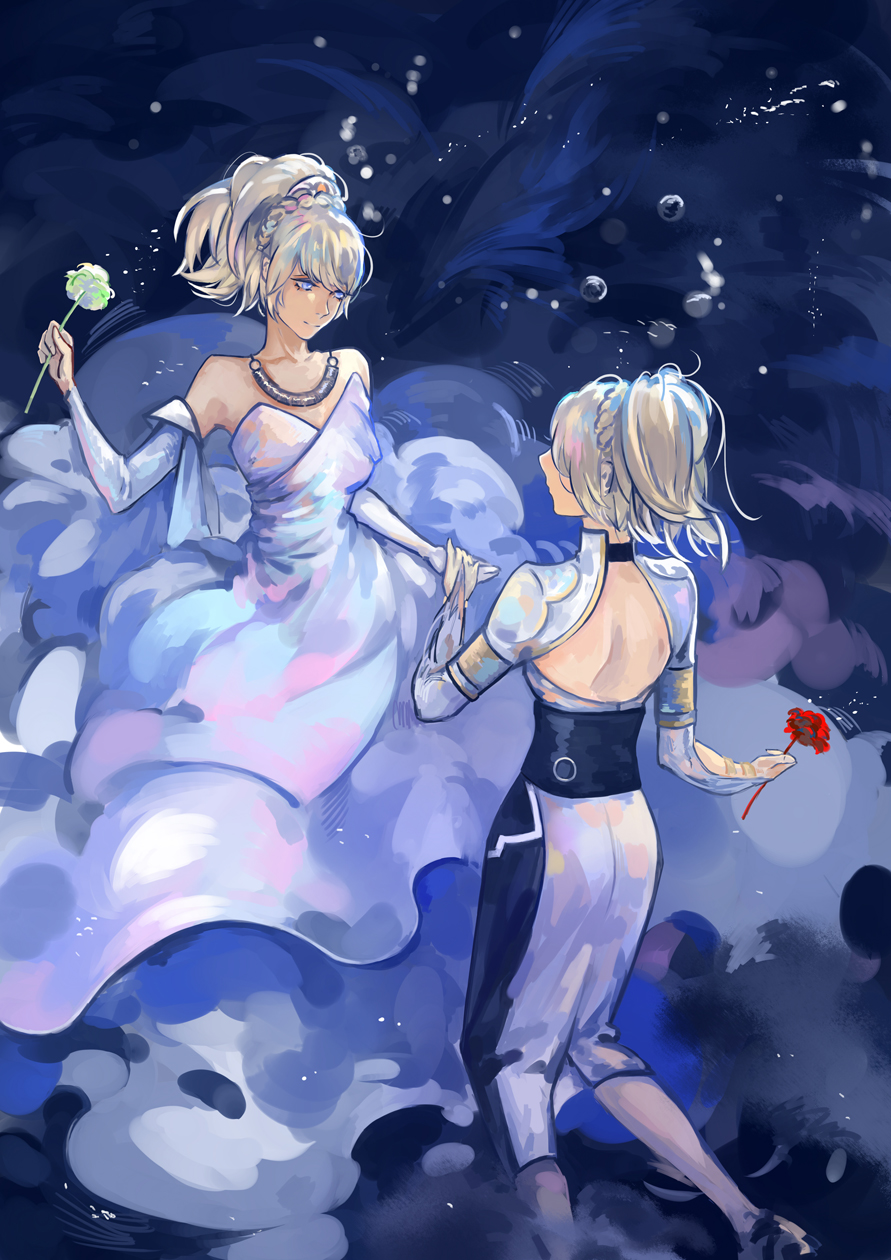 10s, 2girls, back_cutout, blonde_hair, blue_eyes, braid, bridal_gauntlets, clothing_cutout