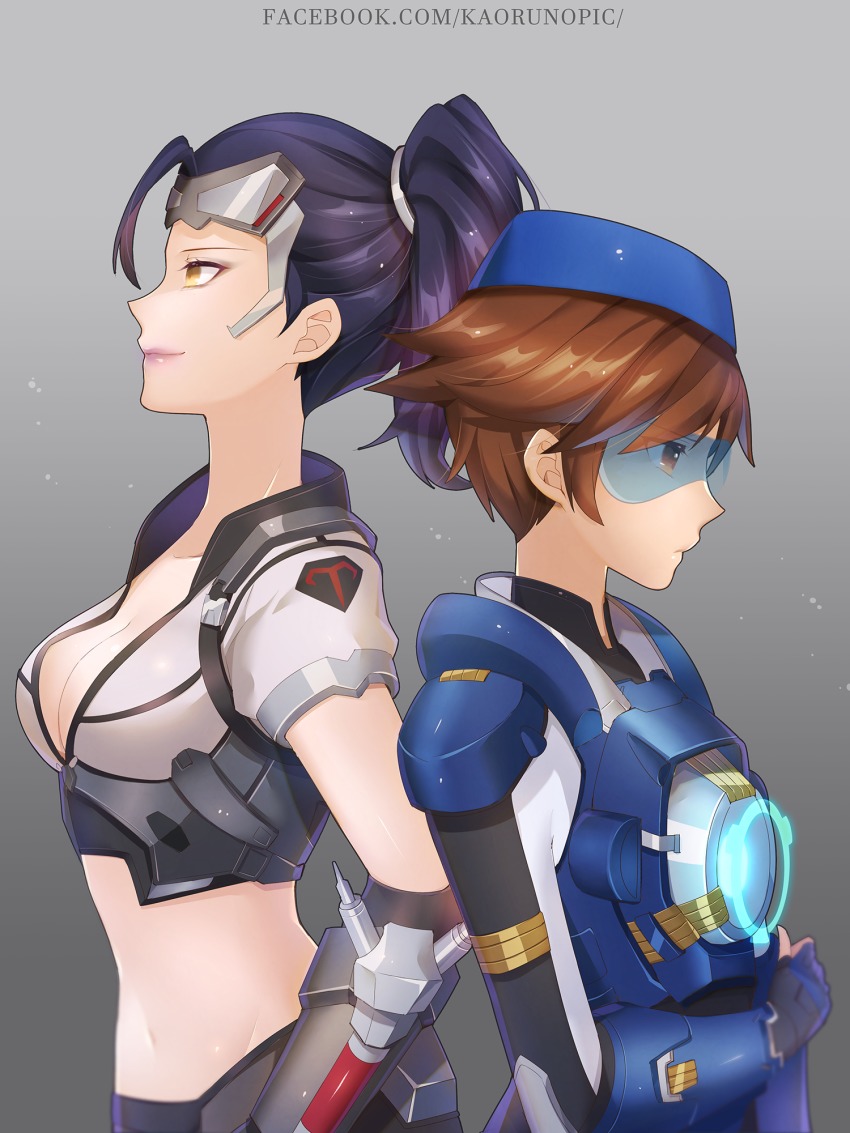 2girls, alternate_costume, alternate_skin_color, back-to-back, beret, breasts, brown_eyes, brown_hair