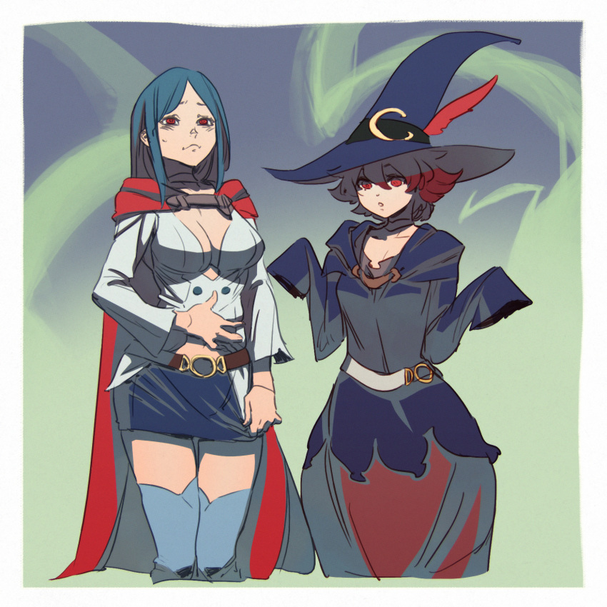 2girls, archvermin, belt, blue_hair, blush, boots, breasts, chariot_du_nord