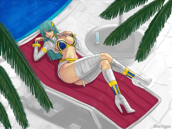 alternate_costume, anakaris, anakaris_(cosplay), aqua_hair, bandages, boots, bra, capcom, cosplay, crossed_legs, darkstalkers, deck_chair, folding_chair, high_heels, lingerie, long_hair, midnight_bliss, morrigan_aensland, palm_tree, pool, tree, underwear