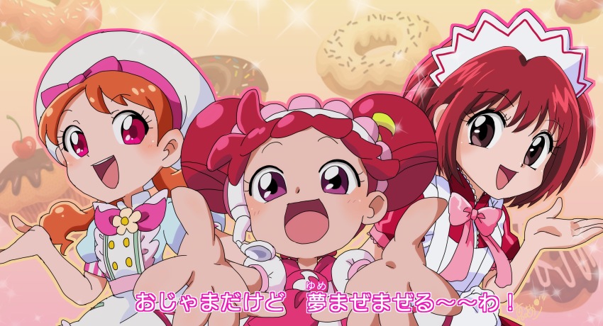 10s, 3girls, apron, bow, brown_eyes, crossover, donut, fake_screenshot, food, harukaze_doremi, headset, highres, kirakira_precure_a_la_mode, long_hair, looking_at_viewer, lyrics, maid, miyako_ameko, momomiya_ichigo, multiple_crossover, multiple_girls, ojamajo_doremi, orange_hair, outstretched_arms, pink_eyes, precure, purple_eyes, red_hair, short_hair, smile, tokyo_mew_mew, trait_connection, twintails, upper_body, usami_ichika