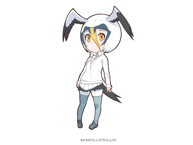 10s, 1girl, :|, arms_at_sides, bird_tail, bird_wings, black_skirt, blue_hair, blush, chibi, closed_mouth, collar, collared_shirt, copyright_name, dot_nose, expressionless, eyelashes, female_focus, full_body, gradient_hair, grey_pantyhose, grey_shoes, hair_between_eyes, head_wings, kemono_friends, loafers, long_sleeves, looking_at_viewer, masked_booby_(kemono_friends), multicolored_hair, multicolored_skirt, necktie, official_art, orange_eyes, orange_hair, pantyhose, pantyhose_under_shorts, pleated_skirt, shirt, shoes, short_hair, shorts, shorts_under_skirt, simple_background, skirt, sleeve_cuffs, solo, standing, sweater, tail, white_background, white_hair, white_shirt, white_shorts, white_skirt, white_sweater, wing_collar, wings, yoshizaki_mine