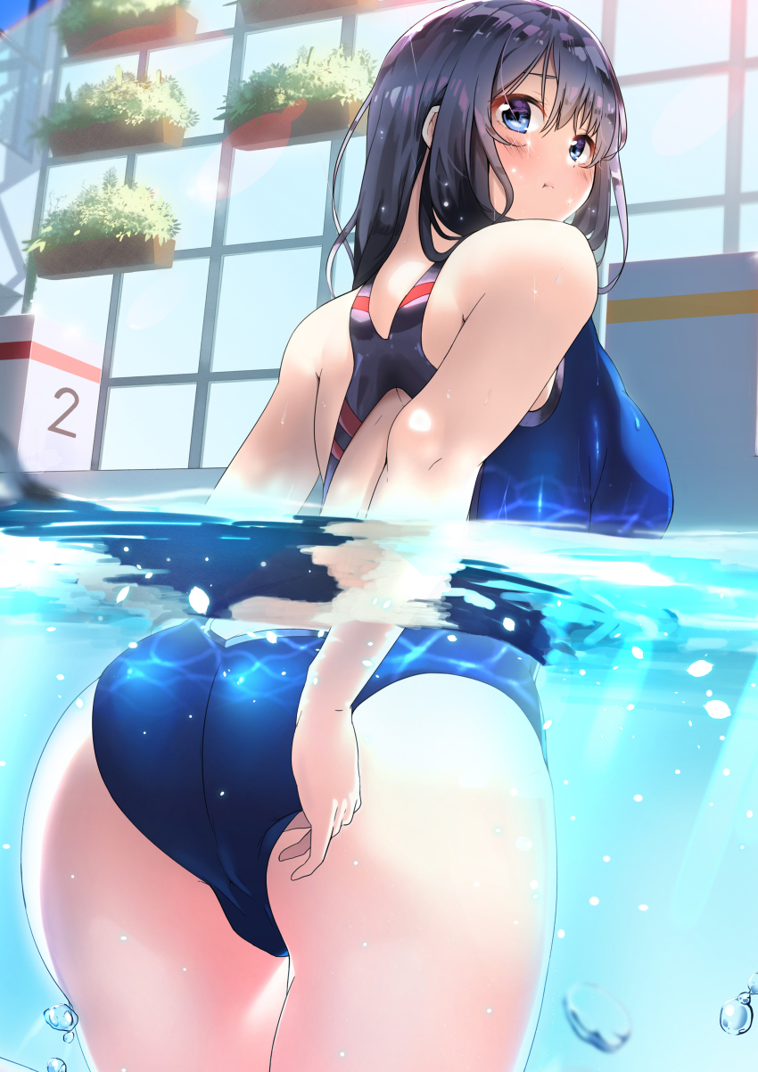 1girl, :t, absurdres, adjusting_clothes, adjusting_swimsuit, air_bubble, ass, back_cutout