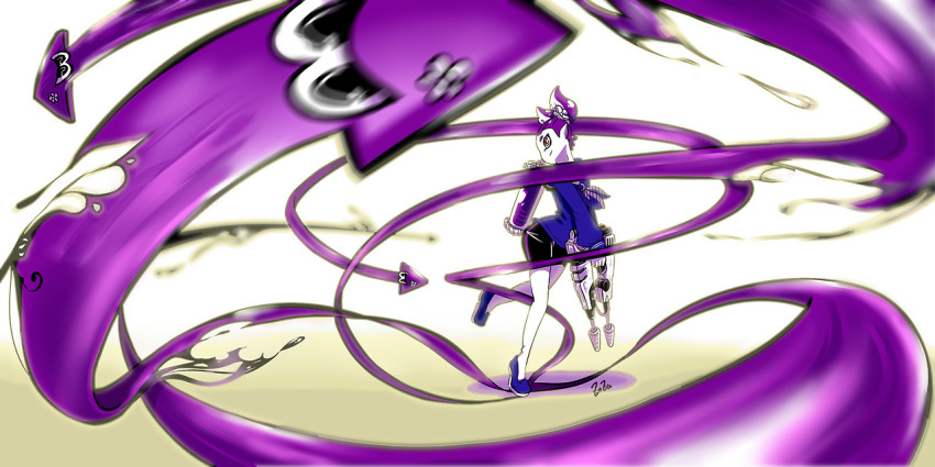 1boy, artist_name, beauty_(zoza), bike_shorts, blue_shoes, brown_eyes, closed_mouth, dual_squelcher_(splatoon)