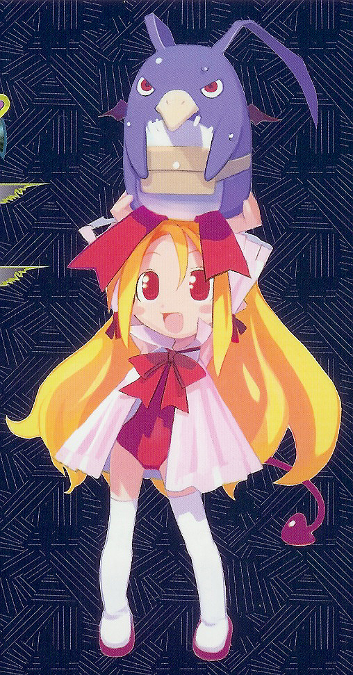 1girl, :d, arms_up, beak, blonde_hair, blush, creature, disgaea