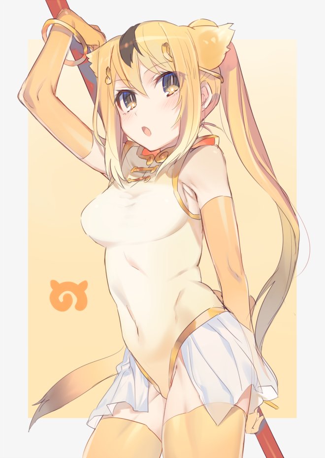 10s, 1girl, animal_ears, arm_up, bangle, blonde_hair, bracelet, breasts