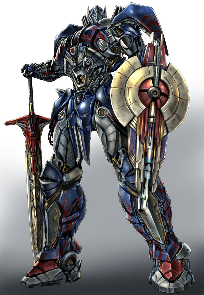 1boy, autobot, blue_eyes, energy_sword, full_body, glowing, glowing_eyes, grey_background, headgear, holding, holding_sword, holding_weapon, huge_weapon, insignia, kamizono_(spookyhouse), knight, looking_at_viewer, machine, machinery, male_focus, mecha, mechanical_sword, no_humans, optimus_prime, personification, robot, shield, solo, sword, transformers, transformers:_the_last_knight, transformers_(live_action), weapon
