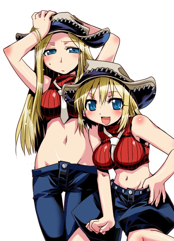 00s, 2girls, bare_shoulders, blonde_hair, blue_eyes, breast_envy, breasts, elizabeth_thompson