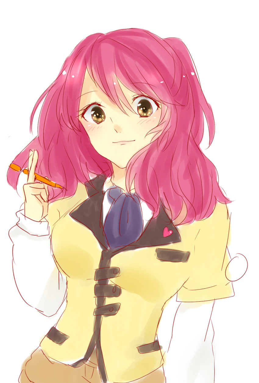 1girl, blush, breasts, brown_eyes, cheria_barnes, cosplay, female_focus, highres, leia_rolando_(cosplay), long_hair, looking_at_viewer, medium_breasts, pink_hair, shorts, smile, solo, tales_of_(series), tales_of_graces, tales_of_xillia, tales_of_xillia_2, upper_body