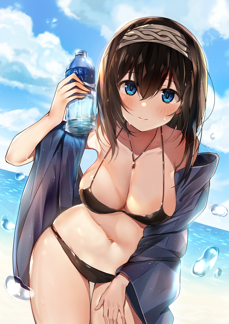 10s, 1girl, bad_id, bad_pixiv_id, beach, bikini, black_bikini, blue_eyes
