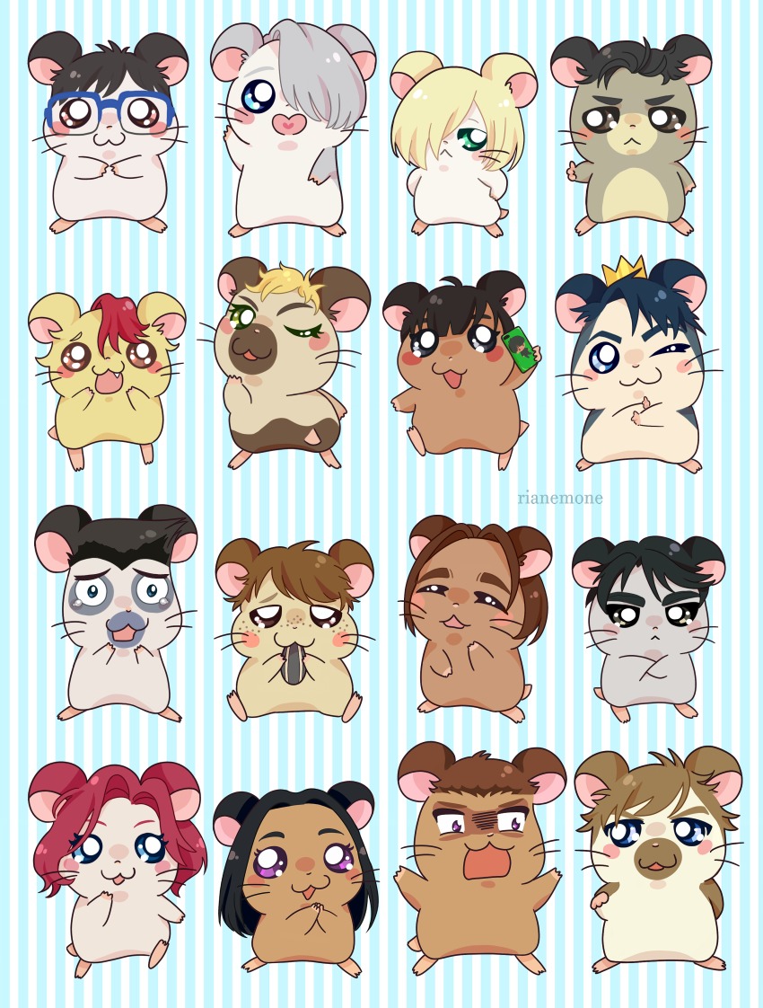 10s, :<, :3, ;3, absurdres, animalization, artist_name, black_hair, blonde_hair, blue-framed_eyewear, blue_eyes, blush_stickers, brown_eyes, brown_hair, cellphone, christophe_giacometti, crown, eating, emil_nekola, closed_eyes, georgi_popovich, glasses, green_eyes, grey_eyes, hair_over_one_eye, hamster, hamtaro_(series), heart, heart_in_mouth, highres, jean-jacques_leroy, ji_guang-hong, katsuki_yuuri, lee_seung-gil, leo_de_la_iglesia, michele_crispino, mila_babicheva, minami_kenjirou, no_humans, one_eye_closed, open_mouth, otabek_altin, phichit_chulanont, phone, purple_eyes, red_hair, ri_(rianemone), sara_crispino, seed, silver_hair, smartphone, smile, sunflower_seed, tears, viktor_nikiforov, whiskers, yuri!!!_on_ice, yuri_plisetsky