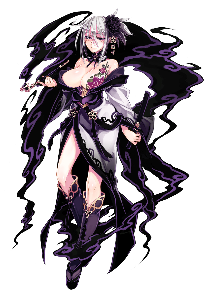 1girl, aura, bare_shoulders, blush, boots, breast_tattoo, breasts, bursting_breasts, cleavage, dark_aura, female_focus, flower, flower_tattoo, full_body, hair_flower, hair_ornament, highres, holding, holding_smoking_pipe, japanese_clothes, katana, kenkou_cross, kimono, kiseru, knee_boots, large_breasts, looking_at_viewer, monster_girl, monster_girl_encyclopedia, monster_girl_encyclopedia_ii, multicolored_hair, nurarihyon_(monster_girl_encyclopedia), obi, off_shoulder, official_art, ponytail, purple_eyes, purple_hair, sagging_breasts, sash, short_hair, short_kimono, short_ponytail, short_sword, side_ponytail, silver_hair, simple_background, smile, smoke, smoking_pipe, solo, sword, tattoo, two-tone_hair, wakizashi, weapon, white_background, wide_sleeves