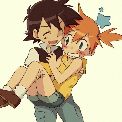 1boy, 1girl, alternate_costume, ash_ketchum, black_hair, blush, carrying, child, closed_eyes, denim, green_eyes, hood, hoodie, jacket, lowres, misty_(pokemon), mugime, nintendo, missing_headwear, ochappa, orange_hair, pokemon, pokemon_(anime), pokemon_(classic_anime), pokemon_the_series:_diamond_and_pearl, pokemon_hs16, princess_carry, short_hair, shorts, side_ponytail, sleeveless, sleeveless_hoodie, smile