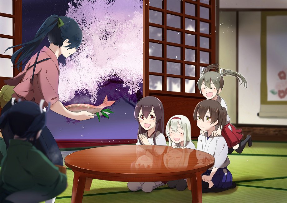 10s, 6+girls, :d, ^_^, aged_down, akagi_(kancolle), bad_id, bad_twitter_id