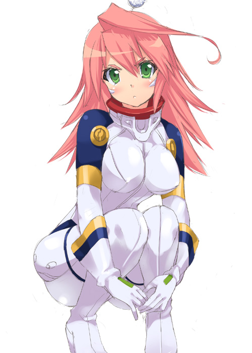 00s, 1girl, ahoge, blush, bodysuit, breasts, covered_erect_nipples, facial_mark