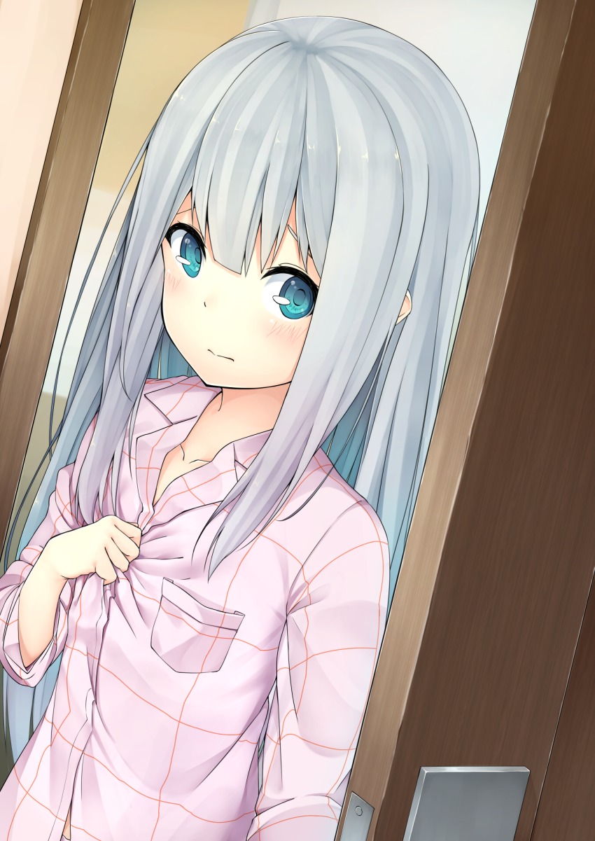 10s, 1girl, 3:, aqua_eyes, blush, breast_pocket, closed_mouth, collarbone