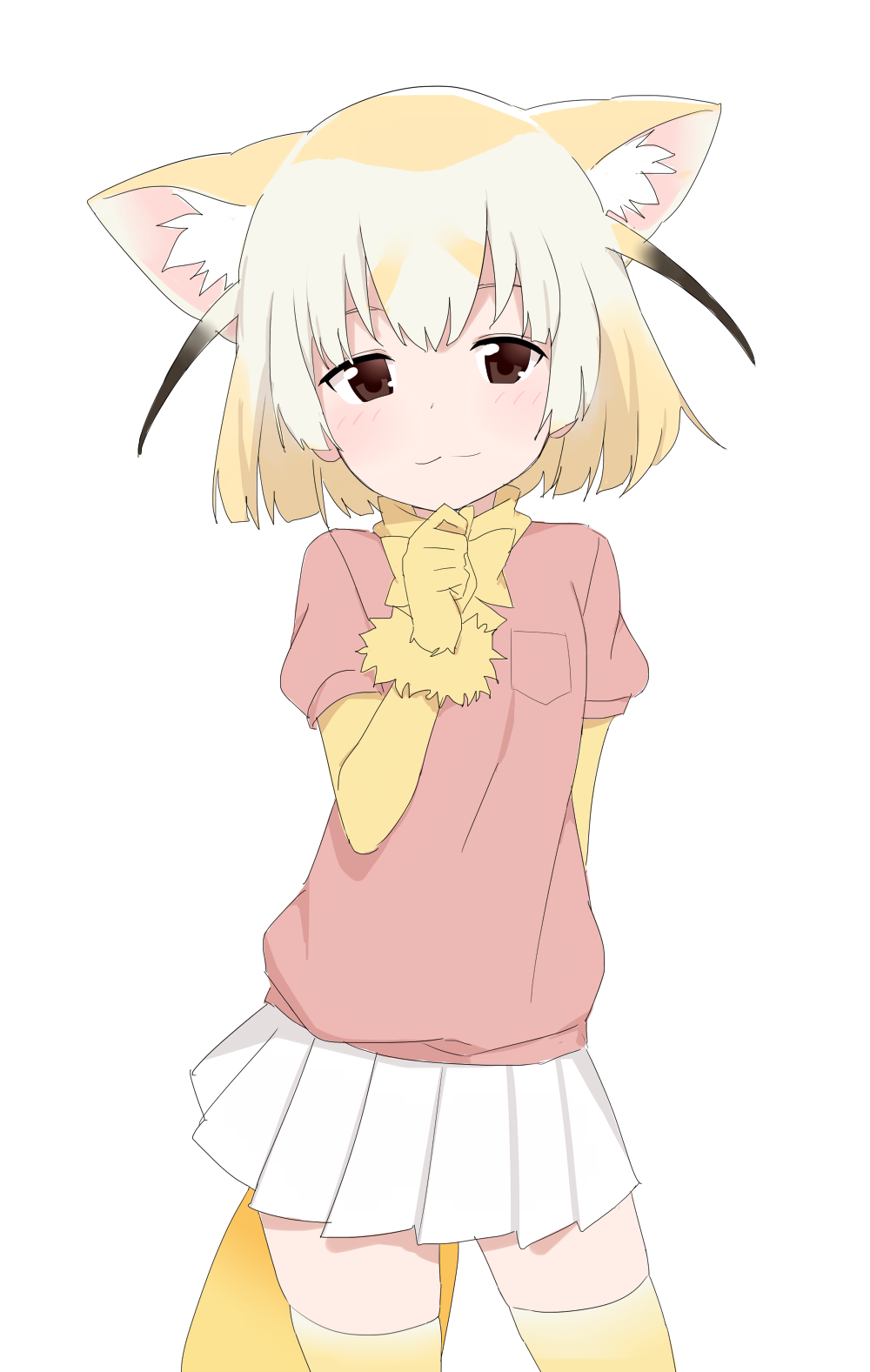 10s, 1girl, :3, animal_ears, arm_behind_back, black_hair, blonde_hair, blush