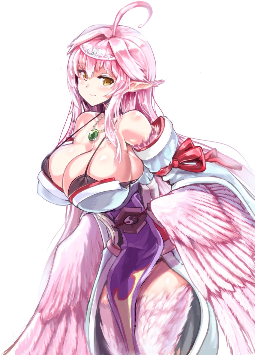 1girl, absurdres, ahoge, breasts, cowboy_shot, feathers, female_focus, harpy