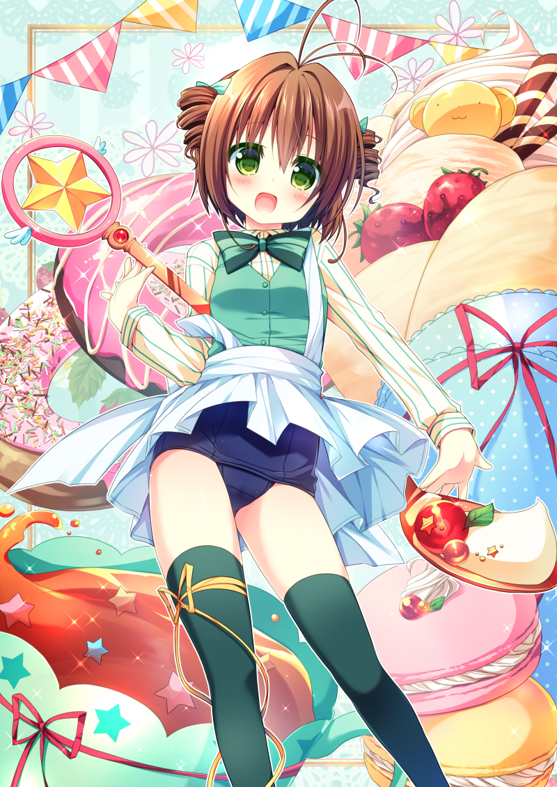 1990s_(style), 1girl, breasts, brown_hair, cardcaptor_sakura, drill_hair, female_focus, food