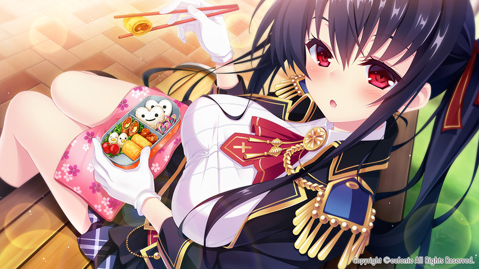 1girl, :d, :o, arm_up, ascot, bench, bento, black_hair, black_jacket, black_skirt, black_socks, blazer, blue_skirt, blurry, blush, bokeh, breasts, brooch, buttons, chain, cherry_blossom_print, cherry_tomato, chopsticks, collared_shirt, cross, cross_print, day, depth_of_field, dress_shirt, dutch_angle, egg_(food), epaulettes, eufonie, eyelashes, eyes_visible_through_hair, female_focus, floral_print, food, from_above, furoshiki, game_cg, gloves, gold_chain, gold_trim, grass, hair_between_eyes, hair_over_breasts, hair_over_shoulder, hair_ribbon, half-closed_eyes, hanidebi!_honey_&amp;_devil, hardboiled_egg, hayakawa_harui, holding, holding_chopsticks, jacket, jewelry, kikumon, kneehighs, knees_together_feet_apart, large_breasts, layered_skirt, lens_flare, lettuce, light_particles, lips, long_hair, long_sleeves, looking_at_viewer, looking_to_the_side, looking_up, nori_(seaweed), on_bench, onigiri, open_mouth, outdoors, park_bench, path, plaid_clothes, plaid_skirt, pleated_skirt, ponytail, red_eyes, red_ribbon, ribbon, road, sakura_misaki_(sakura_densetsu), school_uniform, shiny_skin, shirt, sidelocks, sitting, skirt, sleeve_cuffs, smile, socks, solo, sunlight, tassel, taut_clothes, taut_shirt, teeth, tomato, underbust, very_long_hair, white_gloves, white_shirt, wing_collar