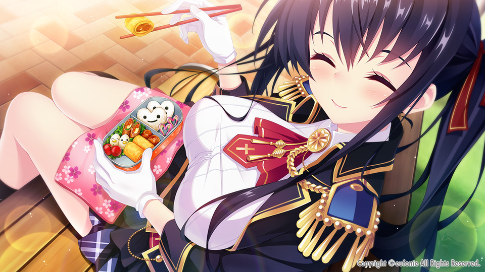 1girl, ^_^, arm_up, ascot, bench, bento, black_hair, black_jacket