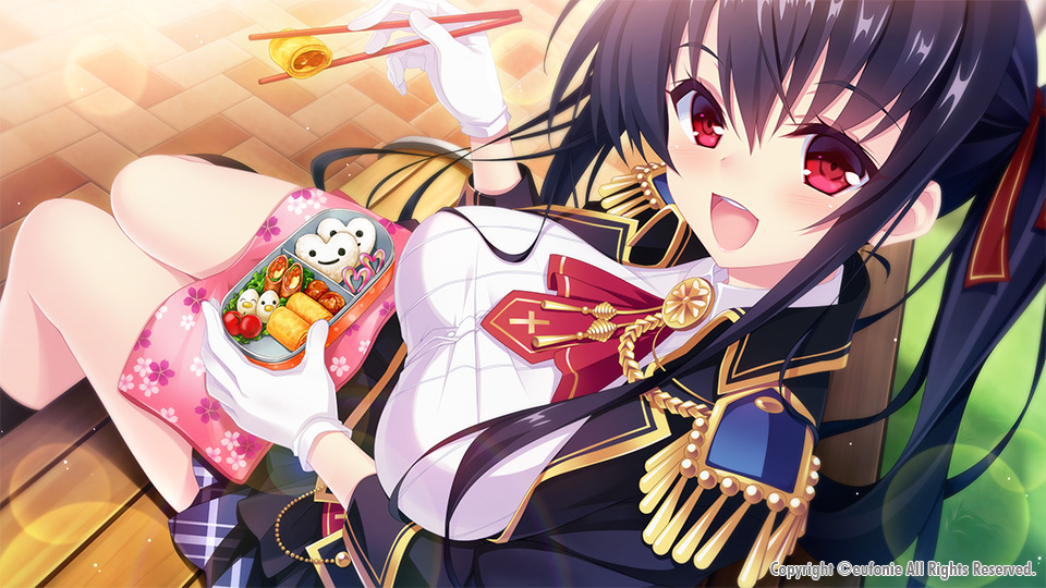 1girl, :d, arm_up, ascot, bench, bento, black_hair, black_jacket, black_skirt, black_socks, blazer, blue_skirt, blurry, blush, bokeh, breasts, brooch, buttons, chain, cherry_blossom_print, cherry_tomato, chopsticks, collared_shirt, cross, cross_print, day, depth_of_field, dress_shirt, dutch_angle, egg_(food), epaulettes, eufonie, eyelashes, eyes_visible_through_hair, female_focus, floral_print, food, from_above, furoshiki, game_cg, gloves, gold_chain, gold_trim, grass, hair_between_eyes, hair_over_breasts, hair_over_shoulder, hair_ribbon, hanidebi!_honey_&amp;_devil, happy, hardboiled_egg, hayakawa_harui, holding, holding_chopsticks, jacket, jewelry, kikumon, kneehighs, knees_together_feet_apart, large_breasts, layered_skirt, lens_flare, lettuce, light_particles, lips, long_hair, long_sleeves, looking_at_viewer, looking_to_the_side, looking_up, nori_(seaweed), on_bench, onigiri, open_mouth, outdoors, park_bench, path, plaid_clothes, plaid_skirt, pleated_skirt, ponytail, red_eyes, red_ribbon, ribbon, road, sakura_misaki_(sakura_densetsu), school_uniform, shiny_skin, shirt, sidelocks, sitting, skirt, sleeve_cuffs, smile, socks, solo, sunlight, tassel, taut_clothes, taut_shirt, teeth, tomato, underbust, very_long_hair, white_gloves, white_shirt, wing_collar