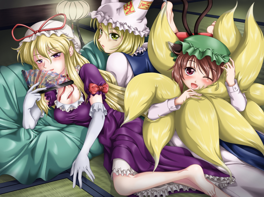 3girls, :o, animal_ears, barefoot, blonde_hair, brown_eyes, brown_hair, cat_ears, cat_tail, chen, chimu, dress, elbow_gloves, fang, folding_fan, fox_tail, gloves, hand_fan, hat, hat_ribbon, hat_with_ears, indoors, lamp, long_hair, long_sleeves, looking_at_viewer, looking_back, lying, mob_cap, multiple_girls, multiple_tails, on_side, on_stomach, one_eye_closed, parted_lips, petticoat, pillow, purple_dress, purple_eyes, red_ribbon, ribbon, short_hair, short_sleeves, tabard, tail, tail_wrap, tatami, touhou, very_long_hair, white_dress, white_gloves, yakumo_family_(touhou), yakumo_ran, yakumo_yukari, yellow_eyes