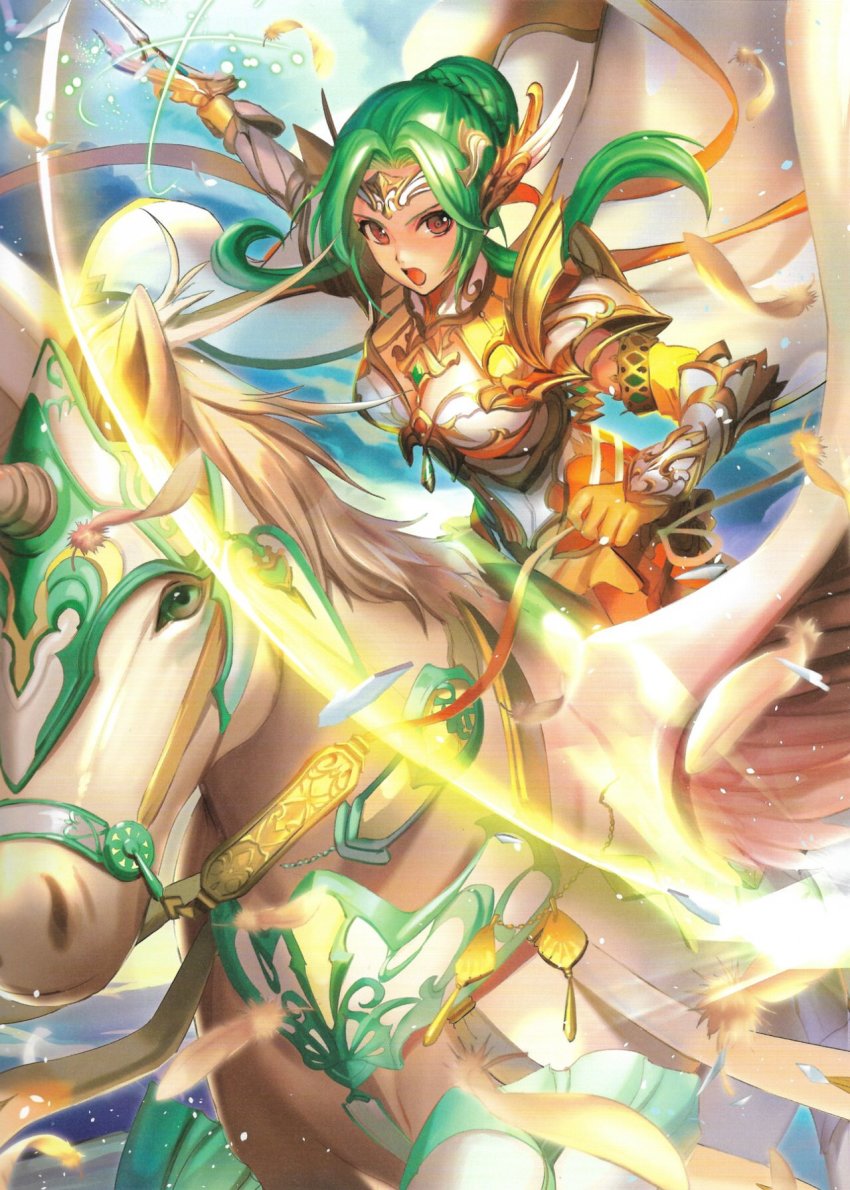 1girl, aozi_seizi, armor, belt, breastplate, brown_eyes, cape, elbow_gloves, elincia_ridell_crimea, feathers, female_focus, fire_emblem, fire_emblem:_path_of_radiance, fire_emblem_cipher, gloves, green_hair, hair_bun, hair_up, highres, holding, holding_weapon, horseback_riding, looking_at_viewer, nintendo, official_art, open_mouth, outdoors, pauldrons, pegasus, pegasus_knight_uniform_(fire_emblem), riding, scan, shoulder_armor, single_hair_bun, solo, sword, tiara, weapon, wings