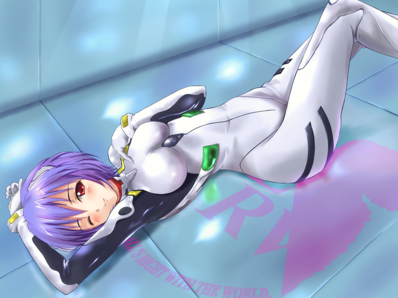 1girl, ;), armpits, arms_up, ayanami_rei, blue_hair, blush, bodysuit