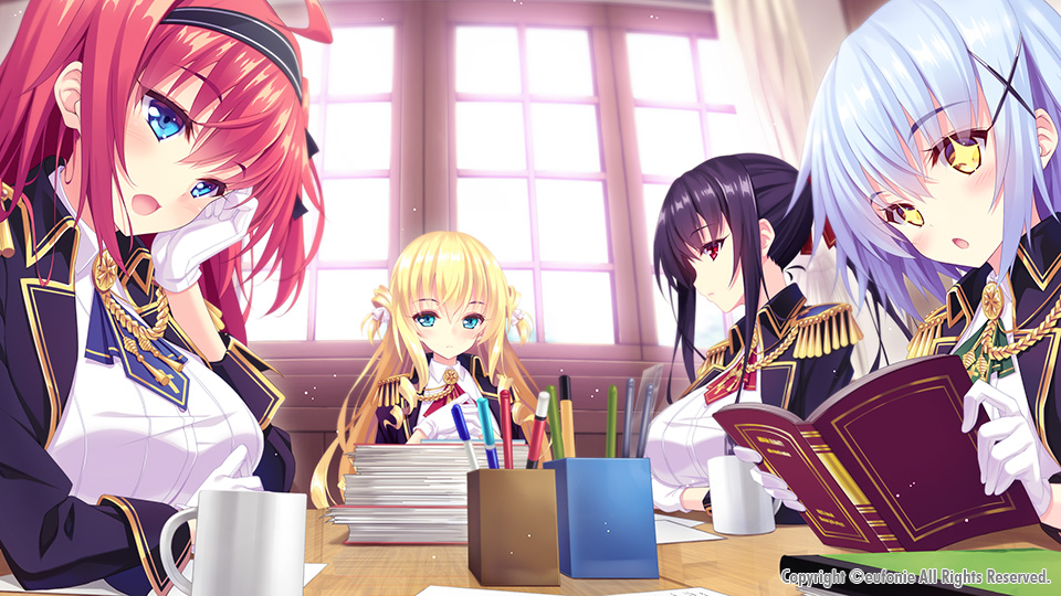 +_+, 4girls, ahoge, aqua_eyes, arm_support, arm_up, ascot, black_hair