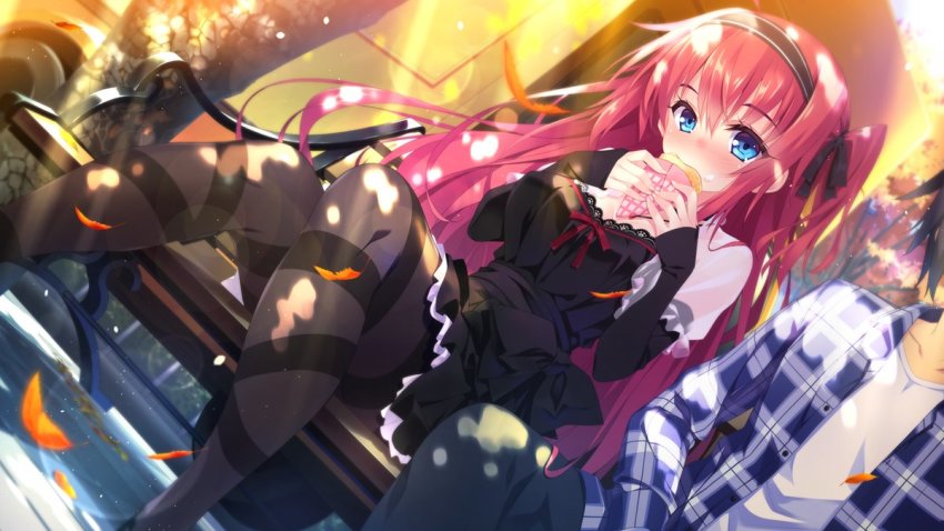 1boy, 1girl, arms_up, asymmetrical_legwear, autumn_leaves, bench, black_bow, black_dress