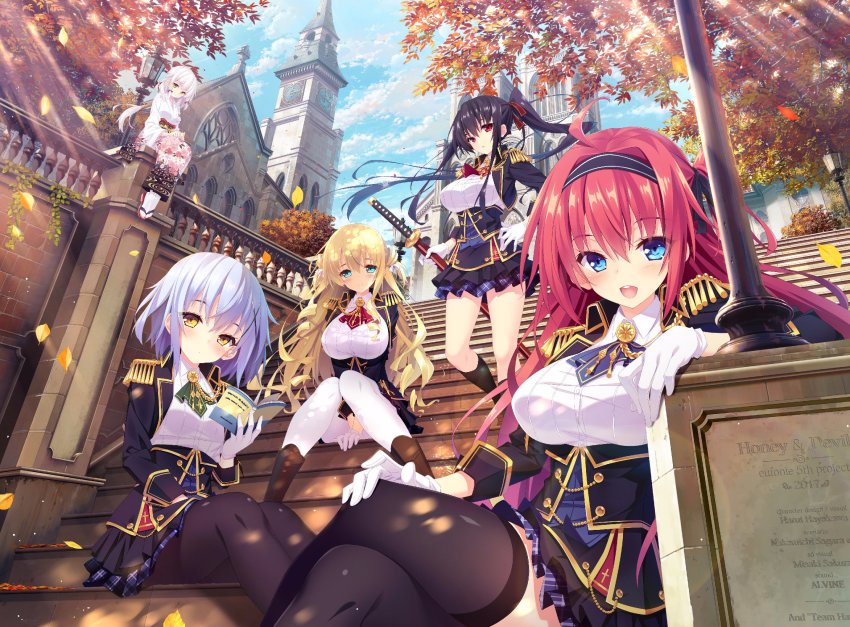 5girls, :d, :o, ahoge, aqua_eyes, architecture, arm_support, arm_up, ascot, autumn_leaves, between_legs, black_hair, black_hairband, black_ribbon, black_skirt, black_socks, blazer, blonde_hair, blue_eyes, blue_skirt, blue_sky, blush, book, boots, breasts, brooch, brown_footwear, buttons, chain, church, clock, clock_tower, closed_mouth, cloud, cloudy_sky, commentary_request, cropped_jacket, cross, cross_print, crossed_legs, dappled_sunlight, day, detexted, dot_nose, dress_shirt, dutch_angle, epaulettes, eyelashes, eyes_visible_through_hair, falling_leaves, floral_print, furisode, gloves, gold_chain, gold_trim, hair_between_eyes, hair_ornament, hair_over_shoulder, hair_ribbon, hair_tubes, hairband, half-closed_eyes, hand_between_legs, hand_on_lap, hand_on_own_hip, hand_on_own_knee, hands_on_lap, hanidebi!_honey_&amp;_devil, hayakawa_harui, head_tilt, heart, high_collar, highres, holding, holding_book, index_finger_raised, jacket, japanese_clothes, jewelry, kikumon, kimono, kneehighs, knees_together_feet_apart, kougousaki_ruri, kuwako_tomone, lamppost, large_breasts, layered_skirt, leaf, leaning, legs_together, light_purple_hair, light_rays, logo, long_hair, long_sleeves, looking_at_viewer, low-tied_long_hair, miniskirt, multiple_girls, nishinozono_kaoruko, obi, official_art, one_side_up, open_mouth, outdoors, own_hands_together, pantyhose, plaid_clothes, plaid_skirt, plant, plaque, ponytail, print_kimono, railing, red_eyes, red_hair, red_ribbon, ribbon, ringlets, round_teeth, sakura_misaki_(sakura_densetsu), sandals, sash, school_uniform, shirt, short_hair, sidelocks, sitting, sitting_on_stairs, skirt, sky, sleeve_cuffs, sleeves_rolled_up, small_breasts, smile, socks, speech_bubble, spoken_heart, stairs, standing, standing_on_one_leg, striped_clothes, striped_hairband, sunbeam, sunlight, tabi, takamiya_ouka, tassel, taut_clothes, taut_shirt, teeth, text_focus, thighhighs, third-party_edit, toudou_aoi, tower, tree, twintails, two_side_up, underbust, unmoving_pattern, v_arms, very_long_hair, white_gloves, white_hair, white_ribbon, white_shirt, wind, wind_lift, wing_collar, x_hair_ornament, yellow_eyes, zouri