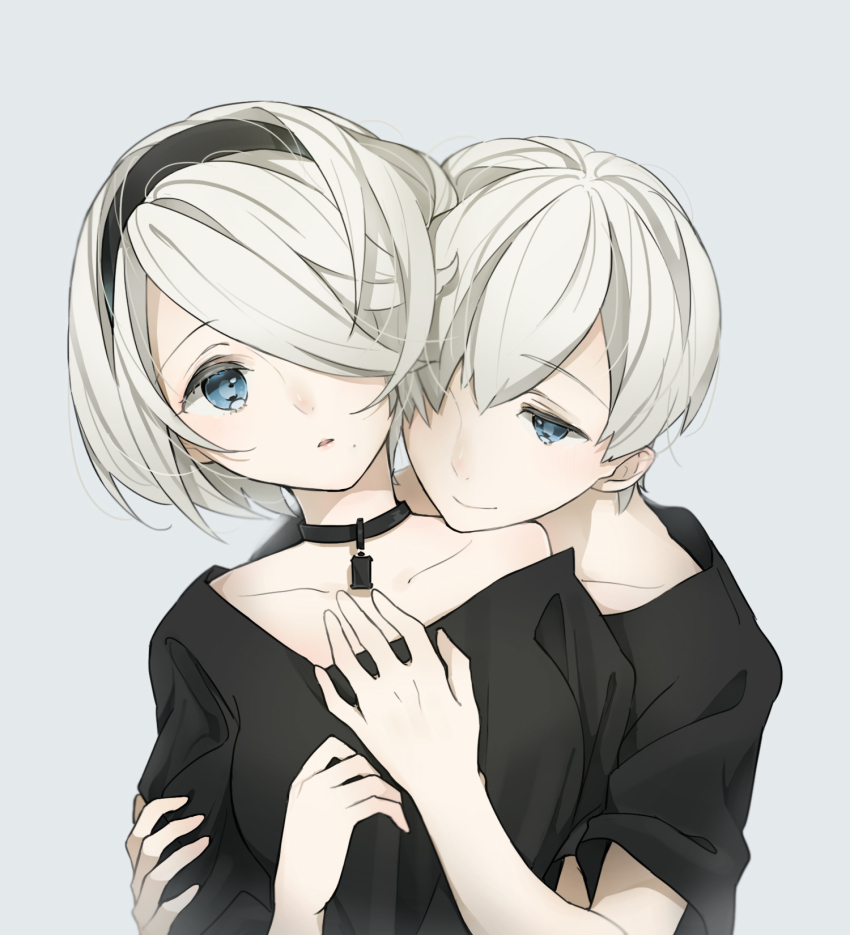 1boy, 1girl, bad_id, bad_pixiv_id, bare_shoulders, black_hairband, black_neckwear, black_shirt, breasts, choker, closed_mouth, collarbone, couple, eyelashes, face-to-face, grey_background, grey_hair, hair_between_eyes, hair_over_one_eye, hairband, hand_on_another's_arm, hand_on_another's_chest, hands_up, hetero, highres, hug, hug_from_behind, maerchen_noir, medium_breasts, mole, mole_under_mouth, nier:automata, nier_(series), no_blindfold, off-shoulder_shirt, off_shoulder, open_mouth, parted_lips, pink_lips, shirt, short_hair, simple_background, smile, upper_body, 2b_(nier:automata), 9s_(nier:automata)