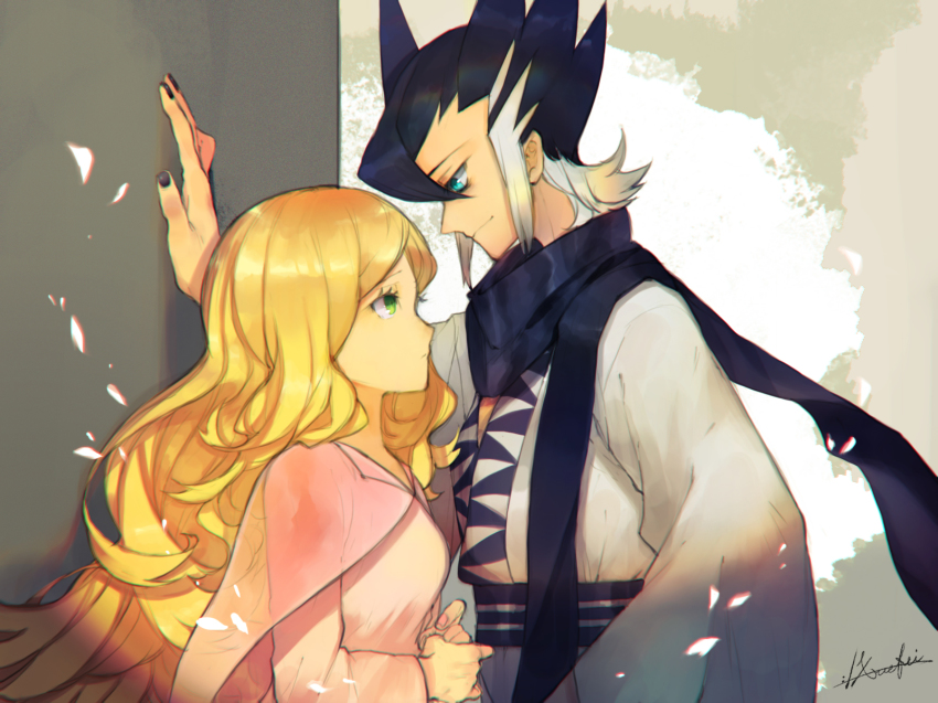 1boy, 1girl, against_wall, artist_name, bad_id, bad_pixiv_id, black_hair, black_nails