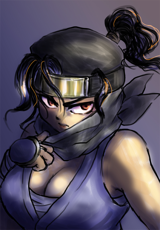 1girl, bare_shoulders, black_hair, breasts, byu_(orihazuma), cleavage, female_focus, hair_over_one_eye, headband, mask, medium_breasts, multicolored_hair, ninja, orange_eyes, orange_hair, original, ponytail, sarashi, solo, two-tone_hair, upper_body