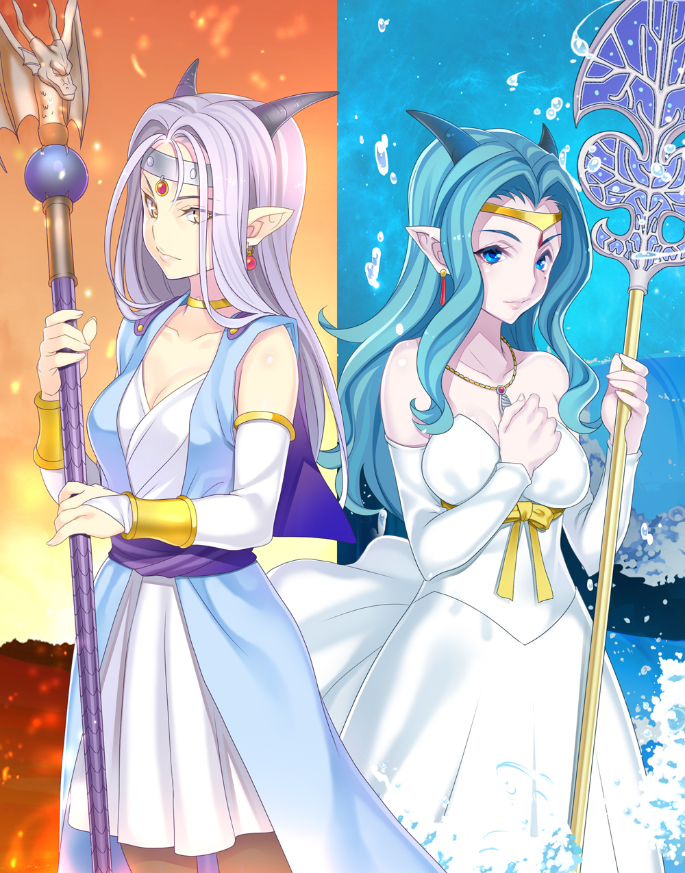 2girls, azu, bare_shoulders, blue_eyes, blue_hair, bridal_gauntlets, detached_sleeves, dragon_girl