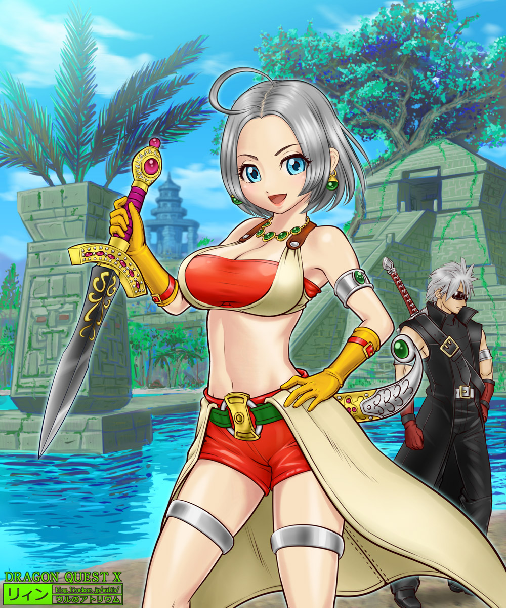 1boy, 1girl, :d, ahoge, architecture, armlet, bandeau, blue_eyes, breasts, coat, copyright_name, dagger, dragon_quest, dragon_quest_x, earrings, gem, gloves, hand_on_own_hip, highres, holding, holding_weapon, jewelry, knife, large_breasts, looking_at_viewer, maya_(culture), mayan, mesoamerican_architecture, midriff, necklace, open_mouth, overcoat, raul_(dq10), red_shorts, riin_(dq10), short_hair, shorts, silver_hair, smile, solo_focus, sunglasses, thigh_strap, ur_(wulfa), water, watermark, weapon, web_address