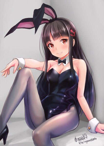 10s, 1girl, animal_ears, aoki_hagane_no_arpeggio, arm_support, artist_name, ashigara_(aoki_hagane_no_arpeggio), black_bow