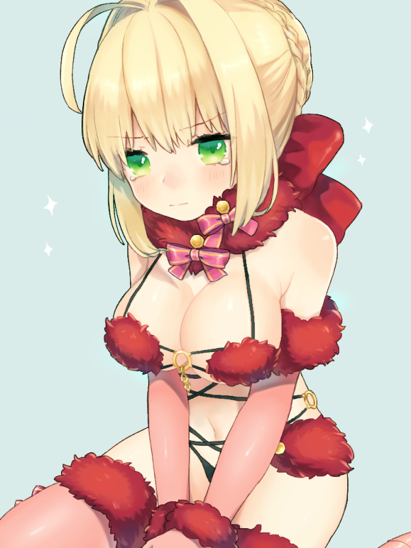 10s, 1girl, alternate_color, blonde_hair, blush, breasts, cleavage, cosplay, dress, elbow_gloves, fate/extra, fate_(series), female_focus, gloves, hair_intakes, large_breasts, mash_kyrielight, mash_kyrielight_(dangerous_beast), mash_kyrielight_(dangerous_beast)_(cosplay), munuko, nero_claudius_(fate), nero_claudius_(fate)_(all), nero_claudius_(fate/extra), official_alternate_costume, red_dress, solo, tears, thighhighs