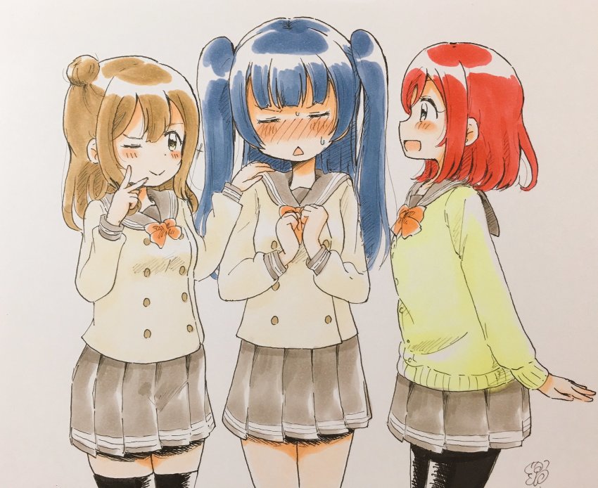 10s, 3girls, ;), alternate_hairstyle, black_legwear, blue_hair, blush, bow, bowtie, brown_eyes, brown_hair, buttons, clenched_hands, closed_eyes, cowboy_shot, double-breasted, embarrassed, green_eyes, grey_background, hair_bun, hairstyle_switch, hand_on_another's_shoulder, highres, homaru_(kurumique), kunikida_hanamaru, kurosawa_ruby, long_hair, long_sleeves, looking_at_another, looking_at_viewer, love_live!, love_live!_sunshine!!, multiple_girls, nose_blush, one_eye_closed, own_hands_together, pantyhose, personality_switch, pleated_skirt, red_bow, red_bowtie, red_hair, school_uniform, serafuku, short_hair, side_bun, signature, simple_background, single_side_bun, skirt, smile, sweatdrop, traditional_media, triangle_mouth, tsushima_yoshiko, two_side_up, v, v_over_eye