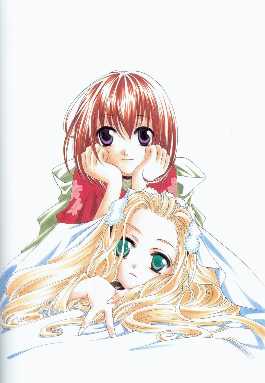 2girls, artbook, blonde_hair, brown_hair, choker, green_eyes, hands_on_own_cheeks, hands_on_own_face, headdress, highres, japanese_clothes, kimono, kinoshita_sakura, long_hair, looking_at_viewer, multiple_girls, official_art, purple_eyes, rosalie_(tactics), scan, short_hair, smile, tactics, traditional_media, youko_(tactics)