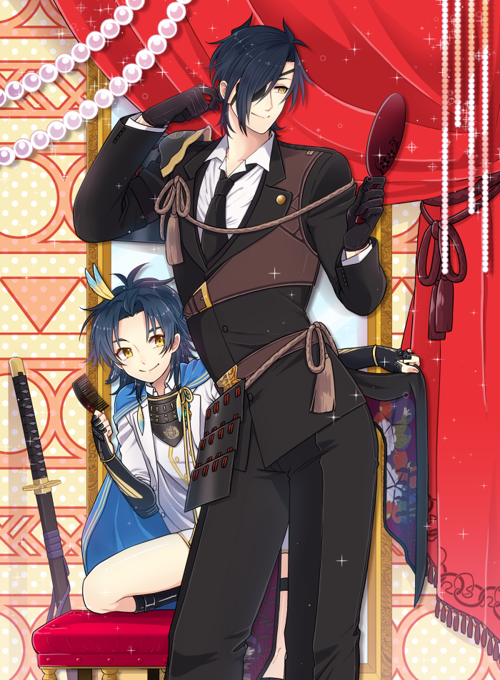 10s, 2boys, armor, beads, black_gloves, black_hair, blue_hair, cape