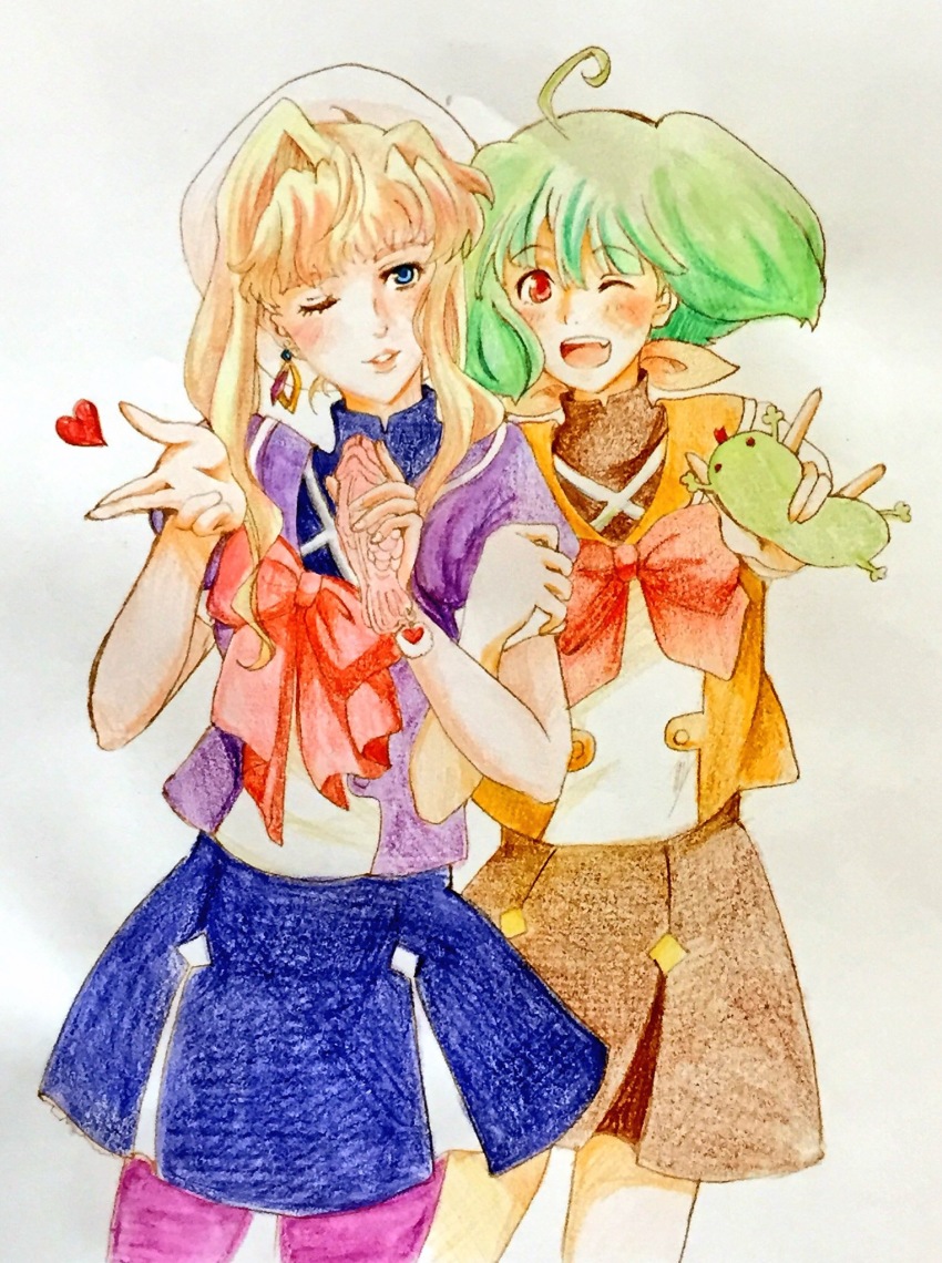 ahoge, anko_(nadesico777h), beret, blonde_hair, blue_eyes, cellphone, earrings, green_hair, hat, highres, jewelry, macross, macross_frontier, multicolored_hair, one_eye_closed, pantyhose, phone, ranka_lee, red_eyes, ribbon, school_uniform, sea_bream, sheryl_nome, skirt, two-tone_hair