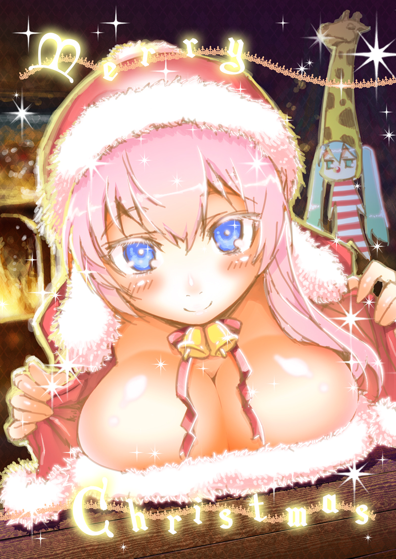 2girls, aqua_eyes, aqua_hair, bell, blue_eyes, blush, breasts, christmas, cleavage, closed_mouth, dutch_angle, english_text, giraffe_costume, hat, hatsune_miku, hitotose_rin, large_breasts, long_hair, looking_at_viewer, megurine_luka, merry_christmas, multiple_girls, pink_hair, revision, santa_costume, santa_hat, sketch, smile, sparkle, twintails, very_long_hair, vocaloid