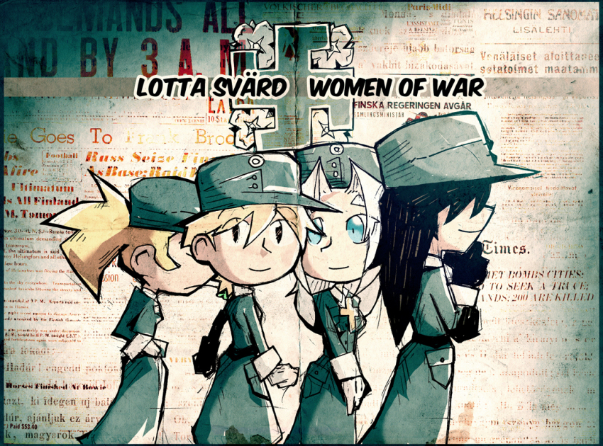 4girls, black_hair, blonde_hair, blue_eyes, commentary, cross, cross_necklace, english_commentary, finland, finnish_text, gloves, hat, helle_(lotta_svaerd), jewelry, lahja_svanbaeck_(lotta_svaerd), lotta_svaerd:_women_of_war, multiple_girls, necklace, newspaper, original, photoshop_(medium), ponytail, setz, swastika, taimi_maeki_(lotta_svaerd), tyyne_rist_(lotta_svaerd), uniform, white_hair