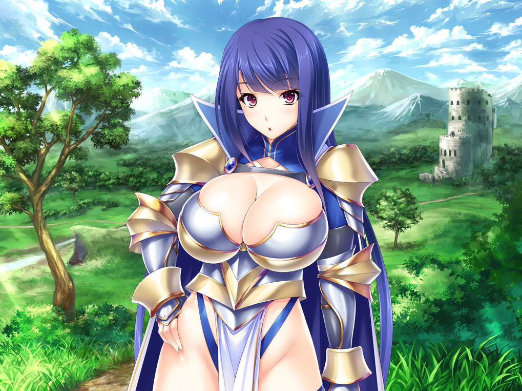 1girl, armor, bikini_armor, blue_hair, breasts, cleavage, female_focus, huge_breasts, long_hair, looking_at_viewer, miel, muteki_no_haramase_onaho_himekishi-dan_kukkoro_mesu_ga_cheat_skill_de_soku_ochi_ero_koku_hame_de_ahe_chuusei_o_tsukusareru_royal_harem_jou_seikatsu~, pink_eyes, solo, standing