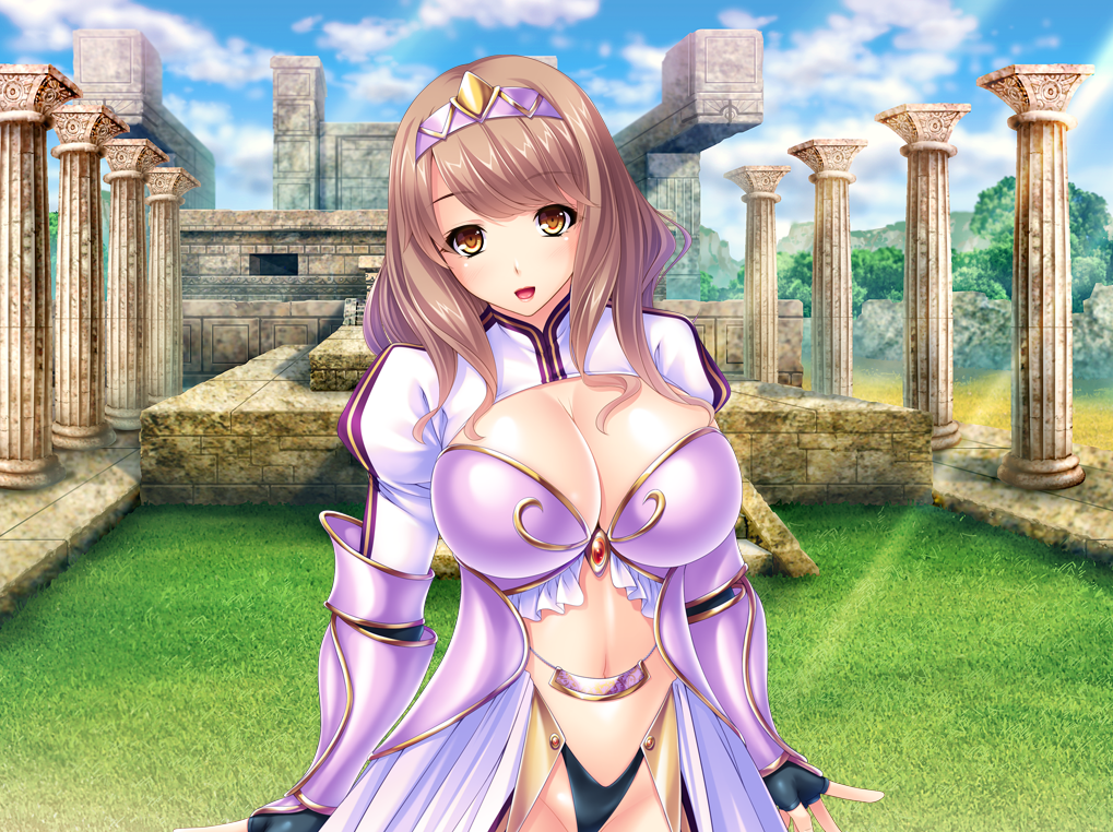 armor, breasts, brown_hair, large_breasts, miel, orange_eyes, tiara